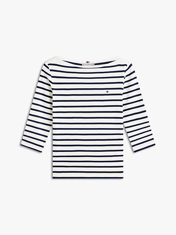 Slim Three-Quarter Sleeve Boat Neck T-Shirt | White | Tommy Hilfiger | Tommy Hilfiger UK