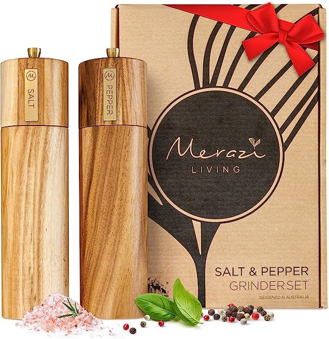 Wooden Salt and Pepper Grinder Set, Sustainable Acacia Wood, 8" - Elegant Pepper and Salt Grinder... | Amazon (US)