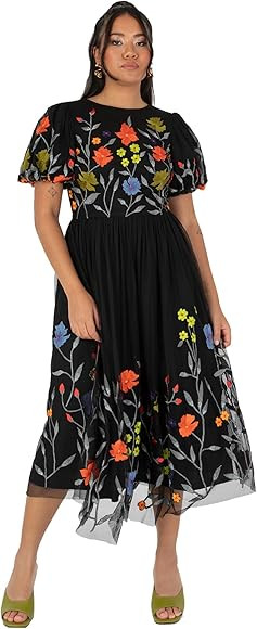 Maya Deluxe Damen Women's Ladies Midi Dress Black Short Puff Sleeves Round Neck Floral Embroidere... | Amazon (DE)