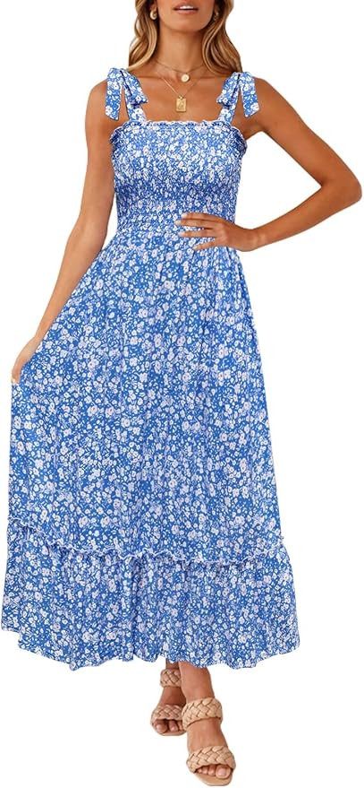 ZESICA Women's Boho Summer Floral Print Tie Straps Sleeveless Square Neck Smocked Flowy Ruffle A ... | Amazon (US)