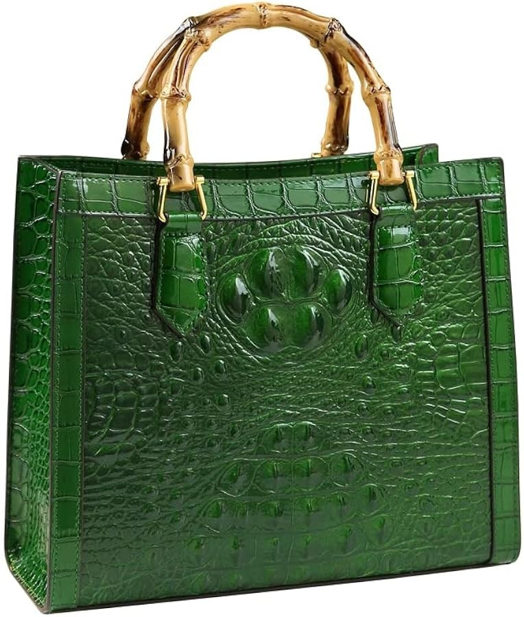 Crocodile Pattern Leather Women's Bag Bamboo Top-Handle Satchel Handbags Portable Tote Bag Should... | Amazon (US)