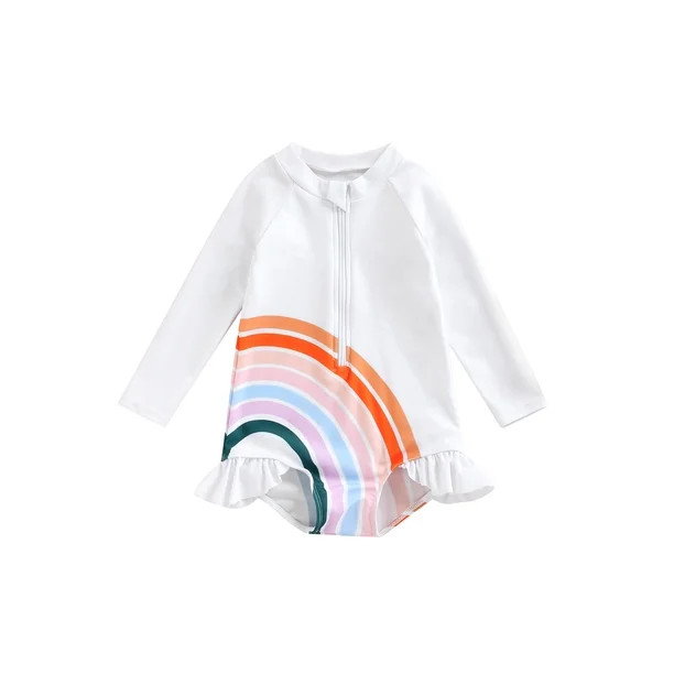 Bmnmsl Girl Swimwear Rainbow Round Neck Long Sleeve Ruffle One-peices | Walmart (US)