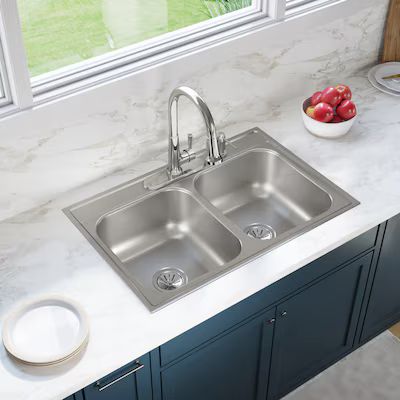 Elkay Drop-In 33-in x 22-in Satin Double Equal Bowl 4-Hole Kitchen Sink Lowes.com | Lowe's