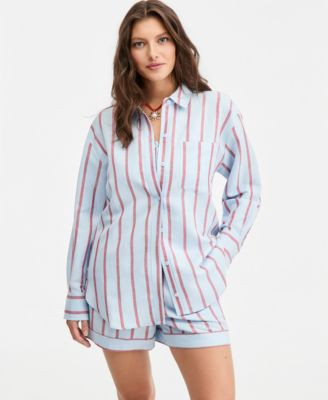 Women's Linen-Blend Relaxed Oversized Button-Down Shirt | Macy's