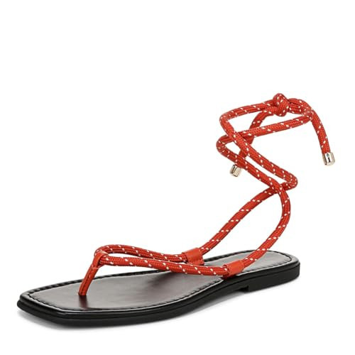 BeeLg Red Rope Flat Sandals for Women Lace Up Open Square Toe Thong Sandals Adjustable Ankle Strap Summer Beach Casual Flip Flops | Amazon (US)