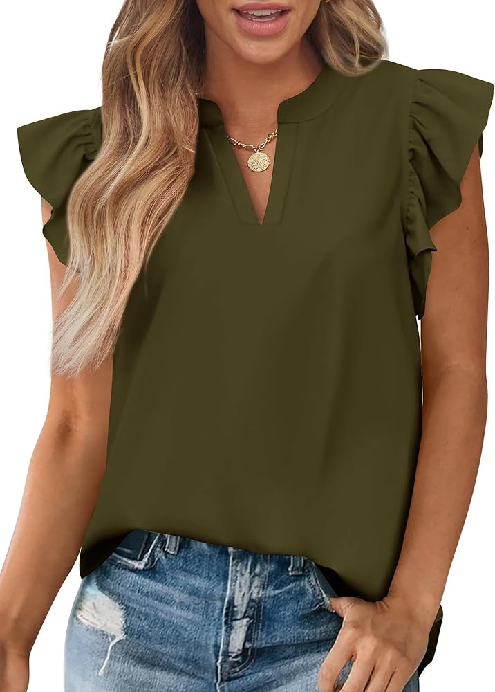 Zenlonr Womens Summer Tops 2026 Casual V Neck Ruffle Cap Sleeve Blouse Shirts Solid Color Tunic T... | Amazon (US)