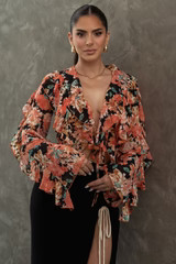 Black Floral Yvanna Ruffle Top | JLUXLABEL