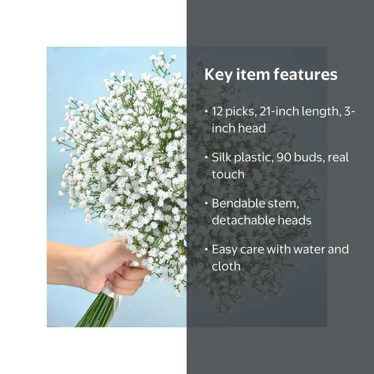 Waipfaru 12 Pcs Artificial Baby Breath Flower Pick, 21inch Real Touch Silk Faux Gypsophila Bouque... | Walmart (US)