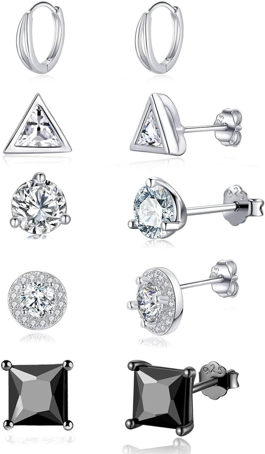 925 Sterling Silver Stud Earrings Set |Hypoallergenic Sterling Silver Earrings For Women | Round ... | Amazon (US)