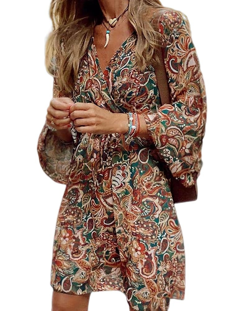 TIAFORD Women Paisley Print Wrap V-Neck Dress Boho V Neck Short Flared Sleeve Elastic Waist Draws... | Amazon (US)