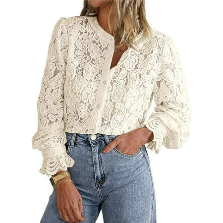PRETTYGARDEN Women's Dressy Casual Lace Blouse Long Sleeve Button Up Shirts Tops Spring Fall Fashion Clothes | Walmart (US)