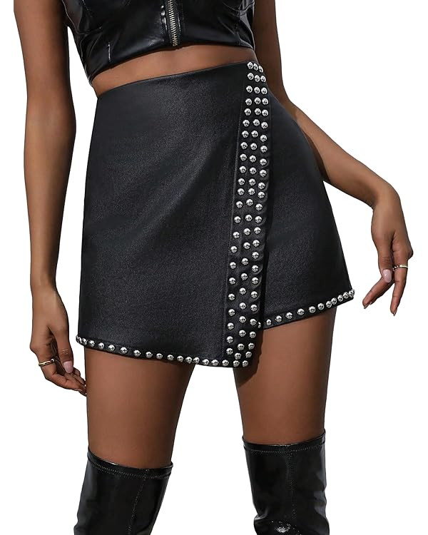Floerns Women's Wrap Front Studded Decor Skorts Asymmetrical Club Skirt Shorts | Amazon (US)