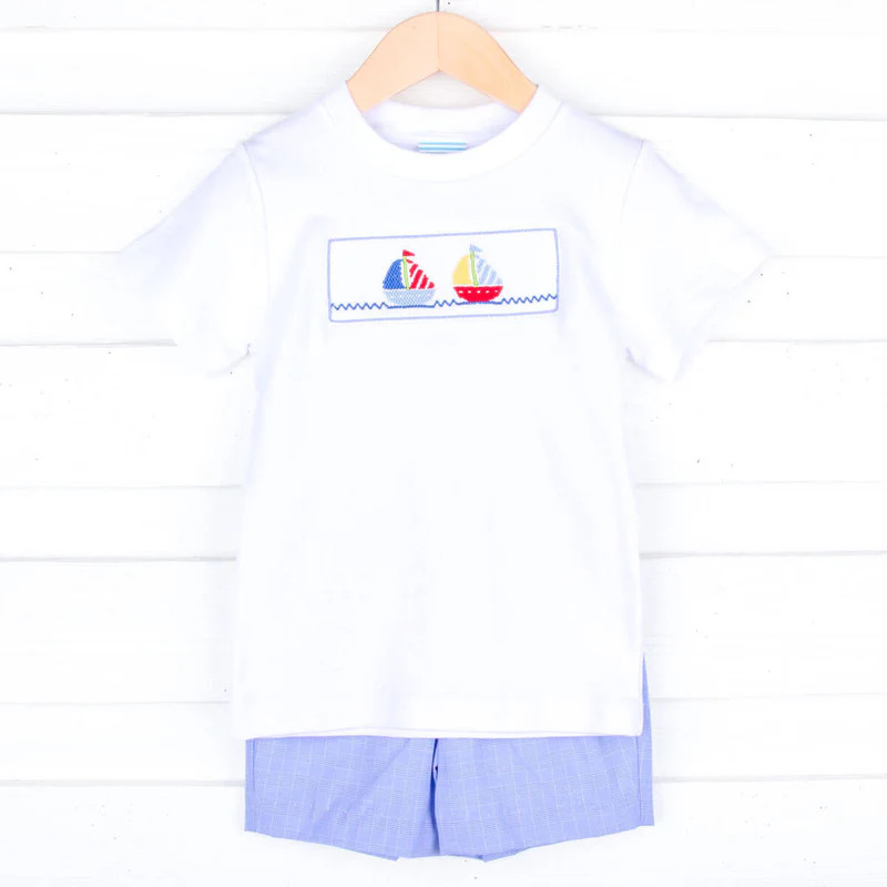 Sailing Away Blue Plaid Smocked Short Set | Classic Whimsy