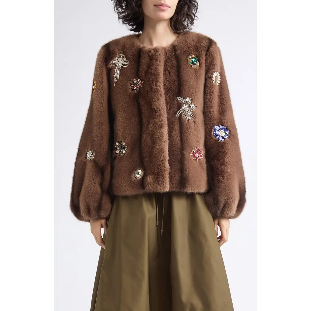 Cinq à Sept Benson Jewel Cluster Faux Fur Coat in Taupe at Nordstrom, Size Xx-Small | Nordstrom