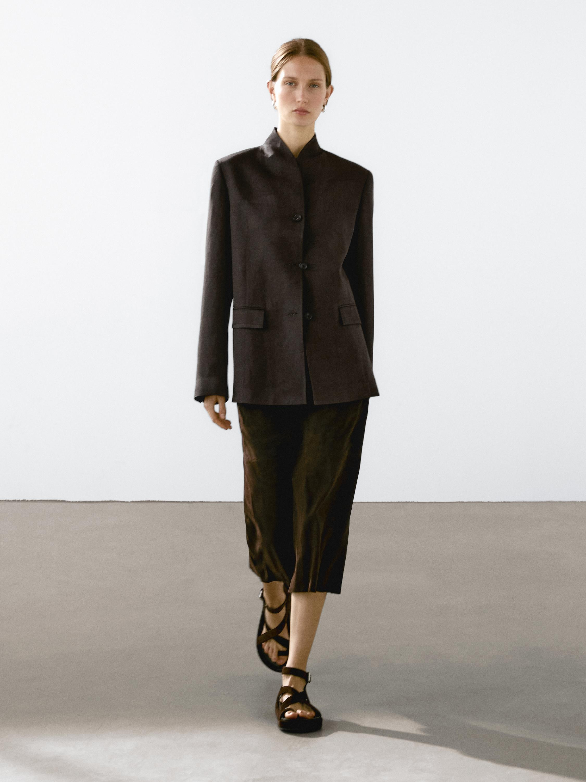 Linen blend high neck blazer | Massimo Dutti US