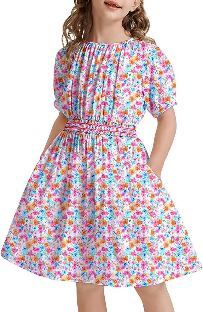 tiny sugar Girls Smocked Waist Soft Viscose Midi Dress Elastic Crewneck Casual Playwear Skater Dr... | Amazon (US)