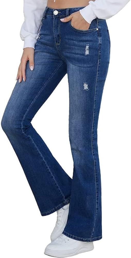 VIPONES Bell Bottom Jeans for Women High Waisted Stretch Flare Jeans Classic Ripped Blue Denim Pants | Amazon (US)