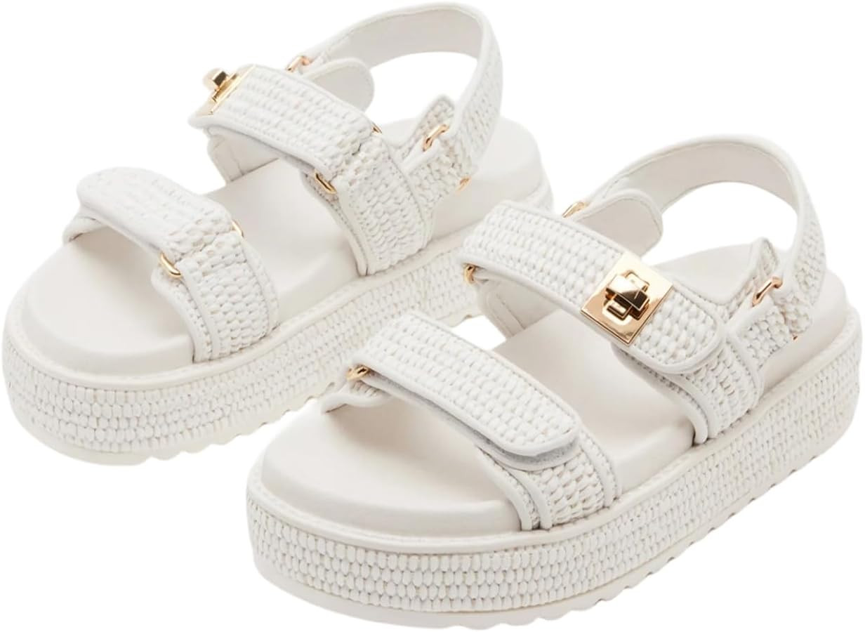 Raffia Woven Platform Sandals for Women Open Toe Comfort Slingback Adjustable Metal Buckle Double... | Amazon (US)