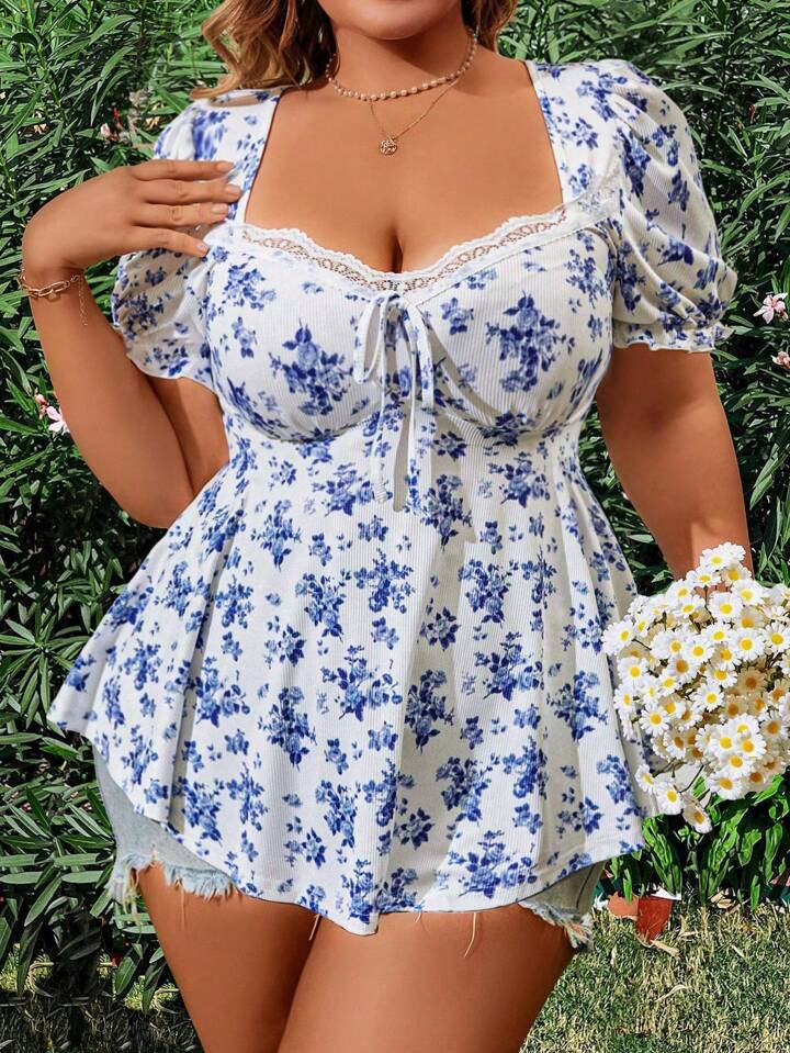 SHEIN WYWH Plus Size Sweetheart Neck Short Sleeve Flower Printed T-Shirt For Summer | SHEIN