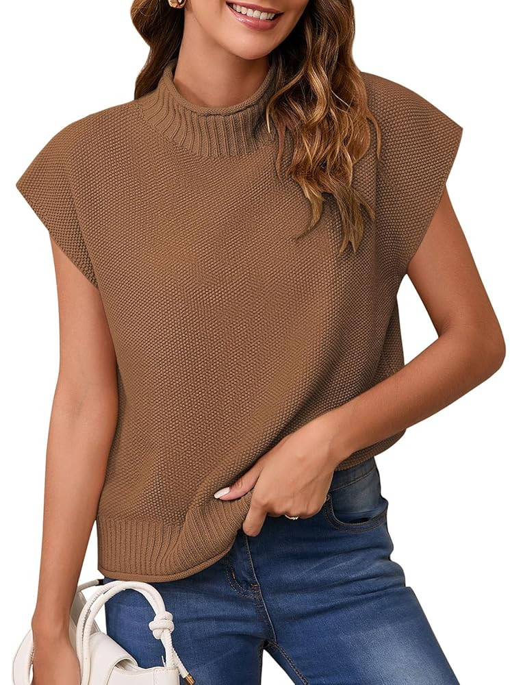 Pink Queen Women's 2025 Fall Mock Neck Sweater Vest Cap Sleeve Pullover Knit Tops | Amazon (US)
