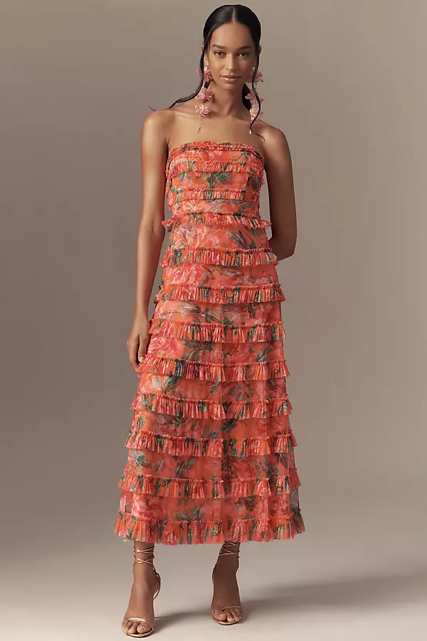 Strapless Tiered Ruffled A-Line Midi Dress | Anthropologie (US)
