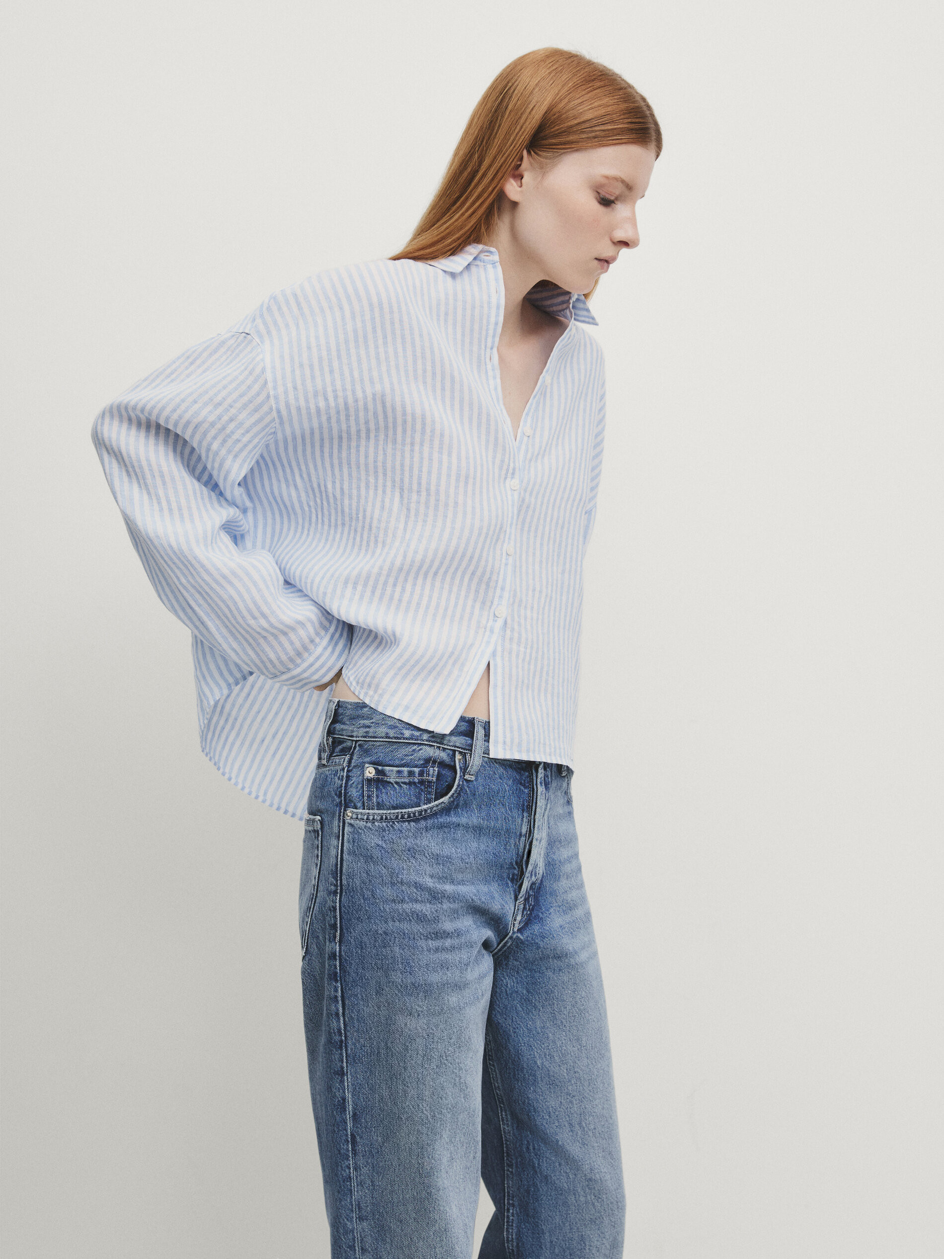 100% linen cropped striped shirt | Massimo Dutti UK