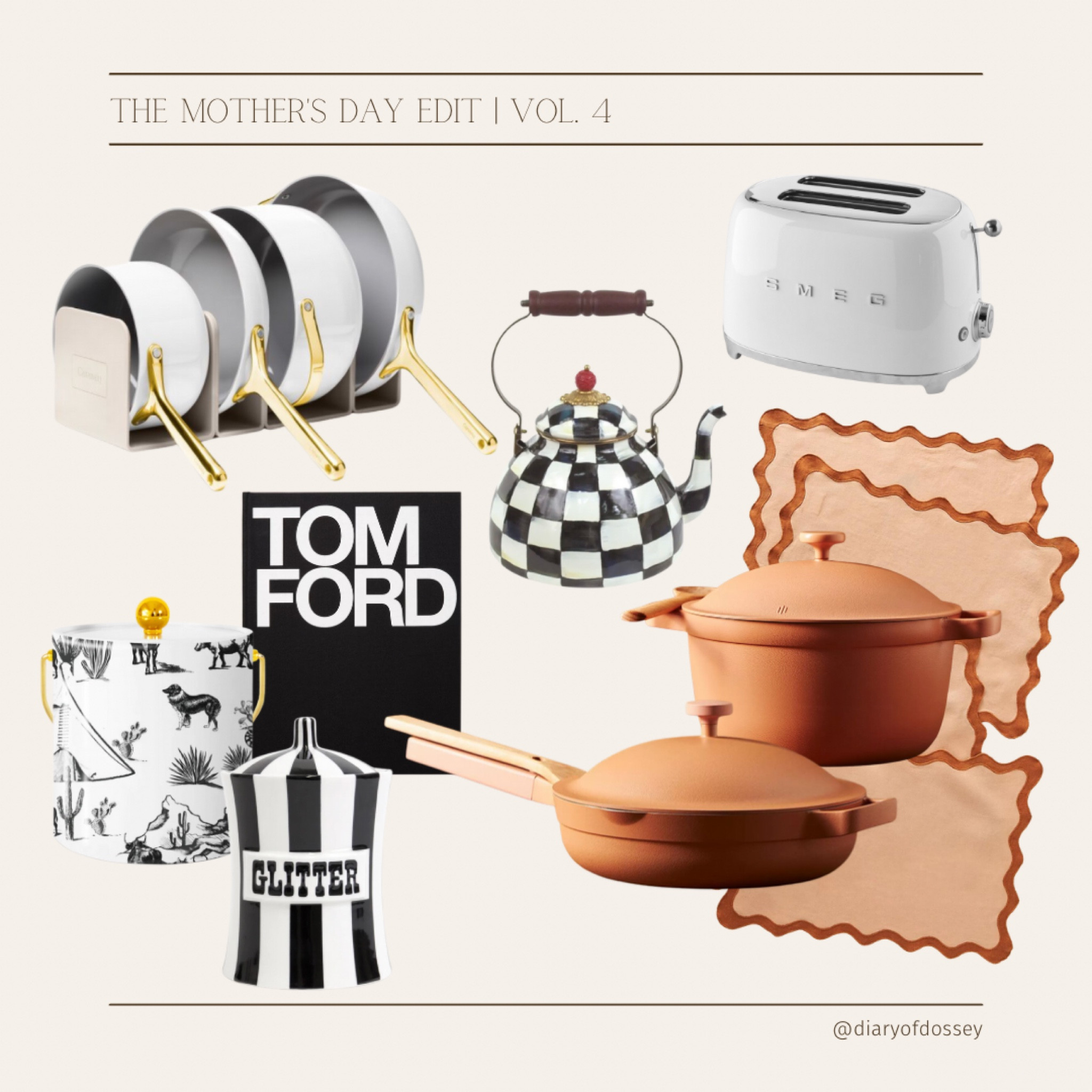 Mother’s Day gift guide! 

Jonathan Adler, Our Place, Caraway pans, Smeg toaster, Mackenzie Childs Teapot, Tom Ford, Katie Kime Toile
