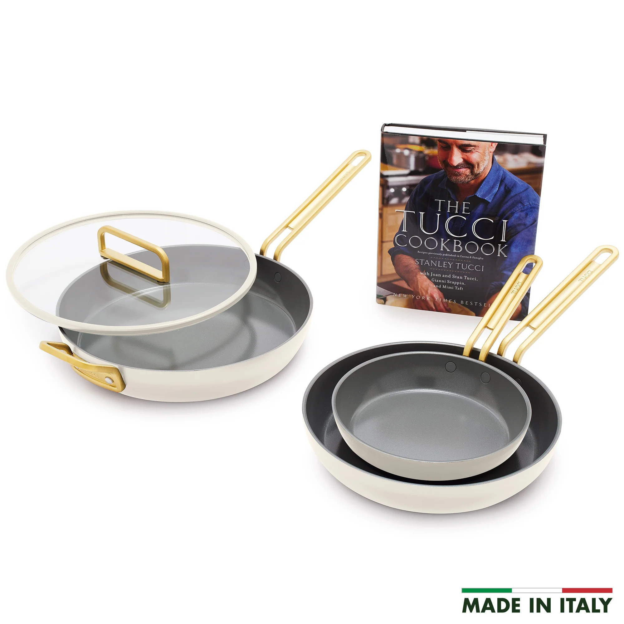 Stanley Tucci™ Ceramic Nonstick 4-Piece Frypan Set with The Tucci Cookbook | Carrara White | GreenPan