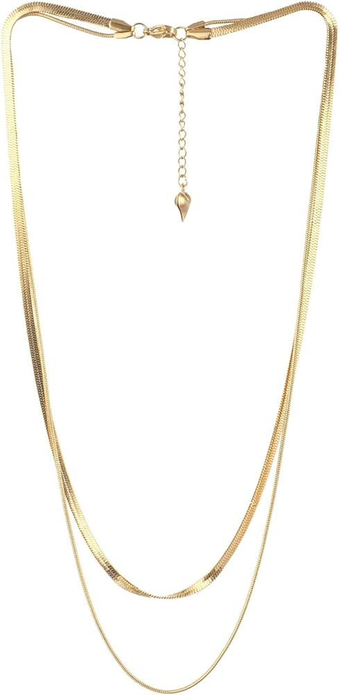 Gold/Silver Layering Necklaces Double Herringbone Chains,14K Real Plated Dainty Choker Layered Ne... | Amazon (US)