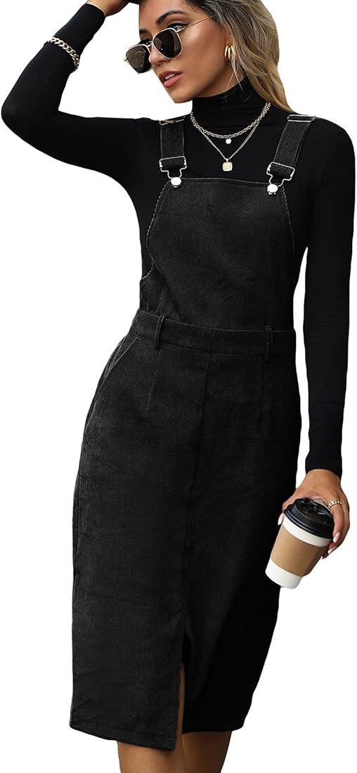 Women's Sleeveless Split Hem Corduroy Pinafore Overall Midi Dress with Pockets | Amazon (US)