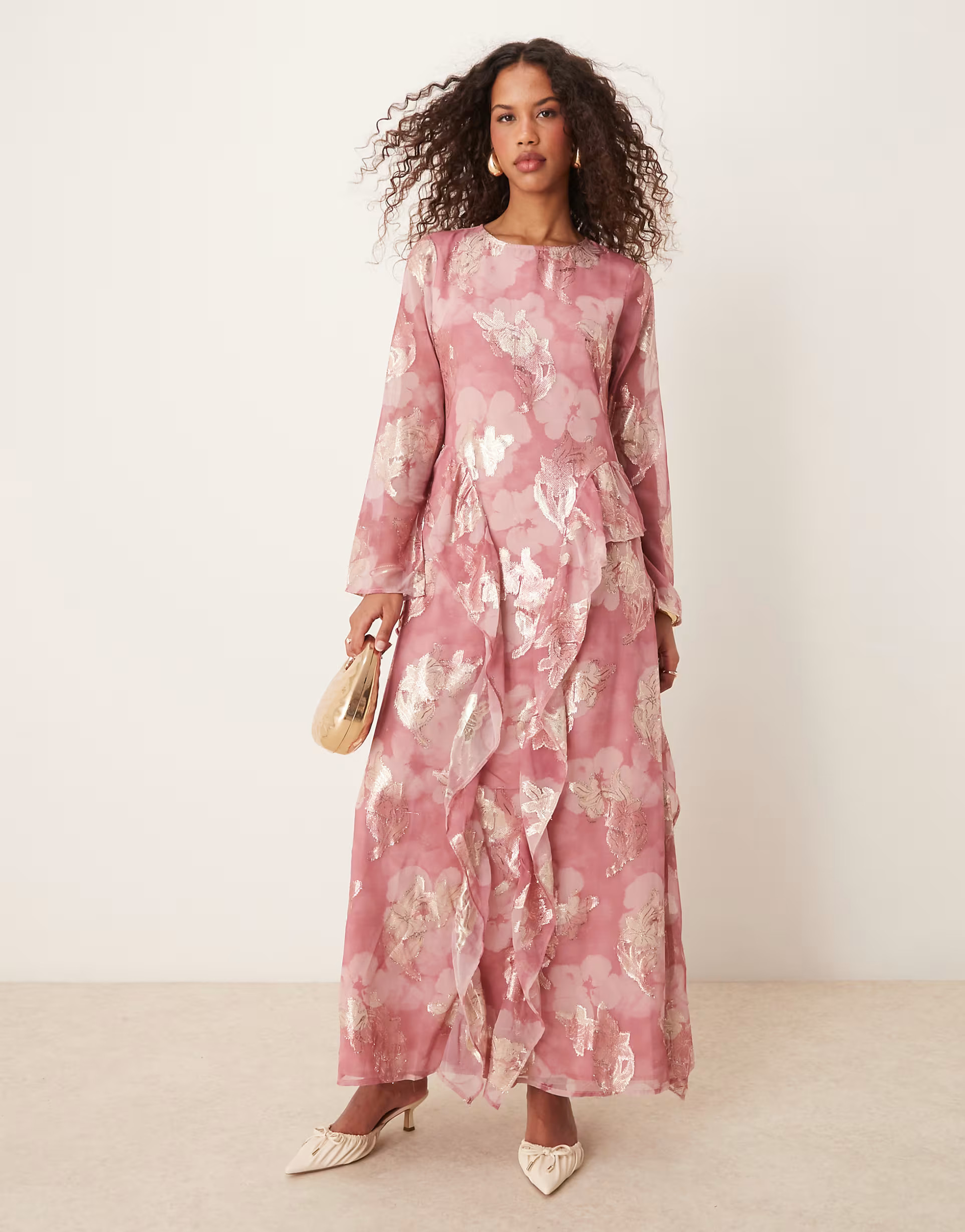 ASOS DESIGN tendril hem metallic floral maxi dress in rose | ASOS (Global)