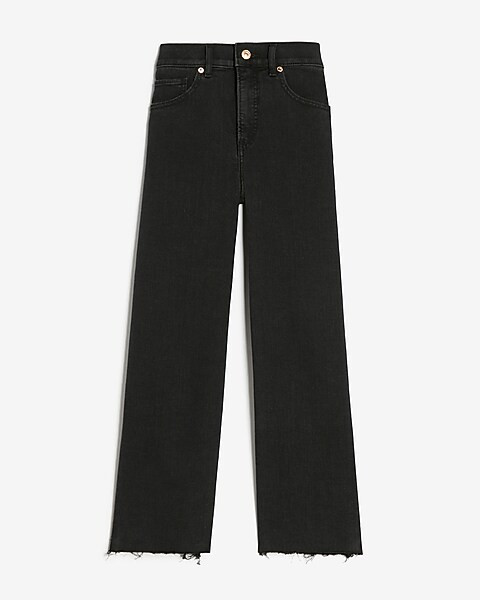 High Waisted Black Raw Hem Cropped Wide Leg Jeans | Express