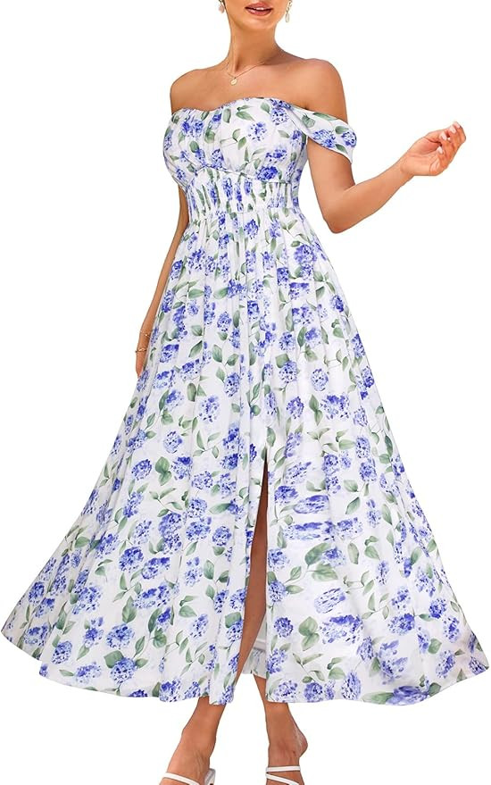 GRACE KARIN 2024 Women's Summer Floral Print Flowy A Line Maxi Dresses Sleeveless Smocked Off Sho... | Amazon (US)