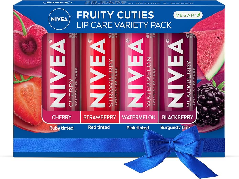 NIVEA Lip Care, Fruity Tinted Lip Balm Set for Soft Lips, 4 Flavors, Includes Cherry, Strawberry,... | Amazon (US)