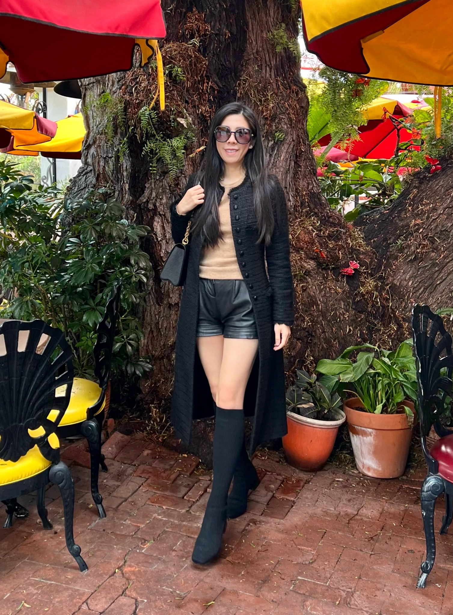 A simple black and beige outfit for a casual weekend out in San Diego! I wore my camel cashmere sweater with high waisted leather shorts and layered my tweed coat on top. To keep with the minimalistic theme, I wore my black knee high boots and LV Twist bag.

#otkboots #allblackoutfit #leathershorts #kneehighboots #cashmeresweater 

#LTKMostLoved #LTKShoeCrush #LTKStyleTip