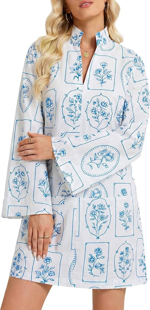 EZAPINE Bell Sleeve Dress for Women Floral V Neck Stand Collar Cotton Shift A line Vacation Beach... | Amazon (US)