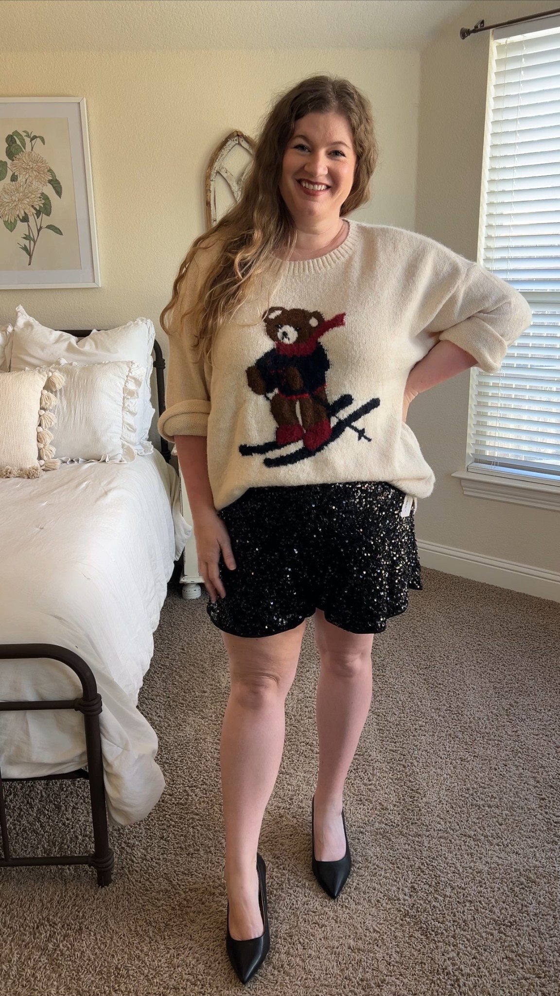 A holiday outfit I’d wear in a heartbeat!! Comfortable and casual but glitzy with the sequined shorts and heels 😍. Sweater also comes in a dog version that is adorable. 
Sweater: 2X but runs big!! Wouldn’t suggest sizing up unless you want it very oversized. 
Shorts: 1X true to size 

#LTKFindsUnder50 #LTKSeasonal #LTKHoliday