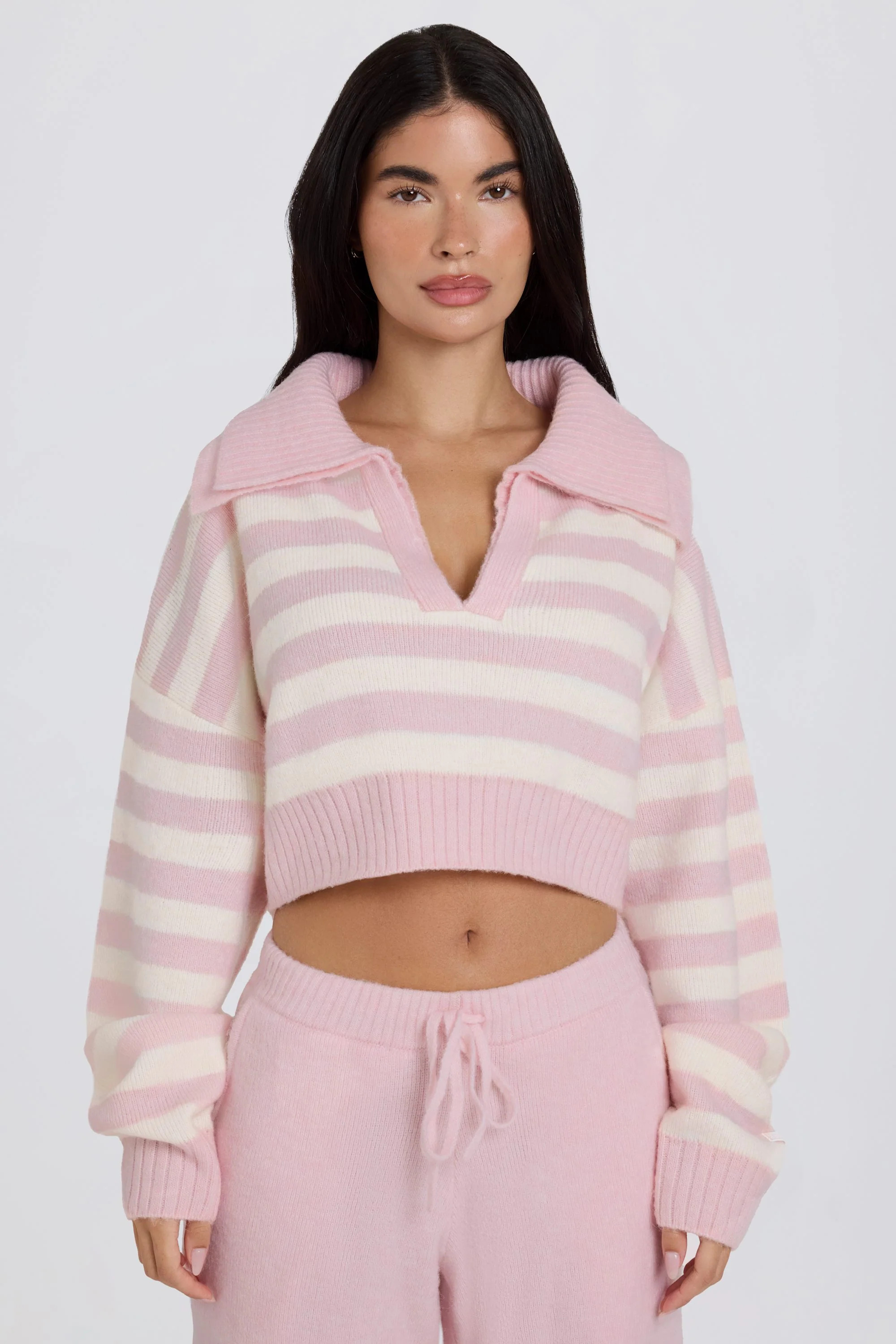 Soft Knit Layered Collar Cropped Jumper in Pink Stripe | Oh Polly