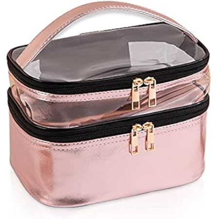 MKPCW Makeup Bags Double layer Travel Cosmetic Cases Make up Organizer Toiletry Bags (Pink) | Amazon (US)