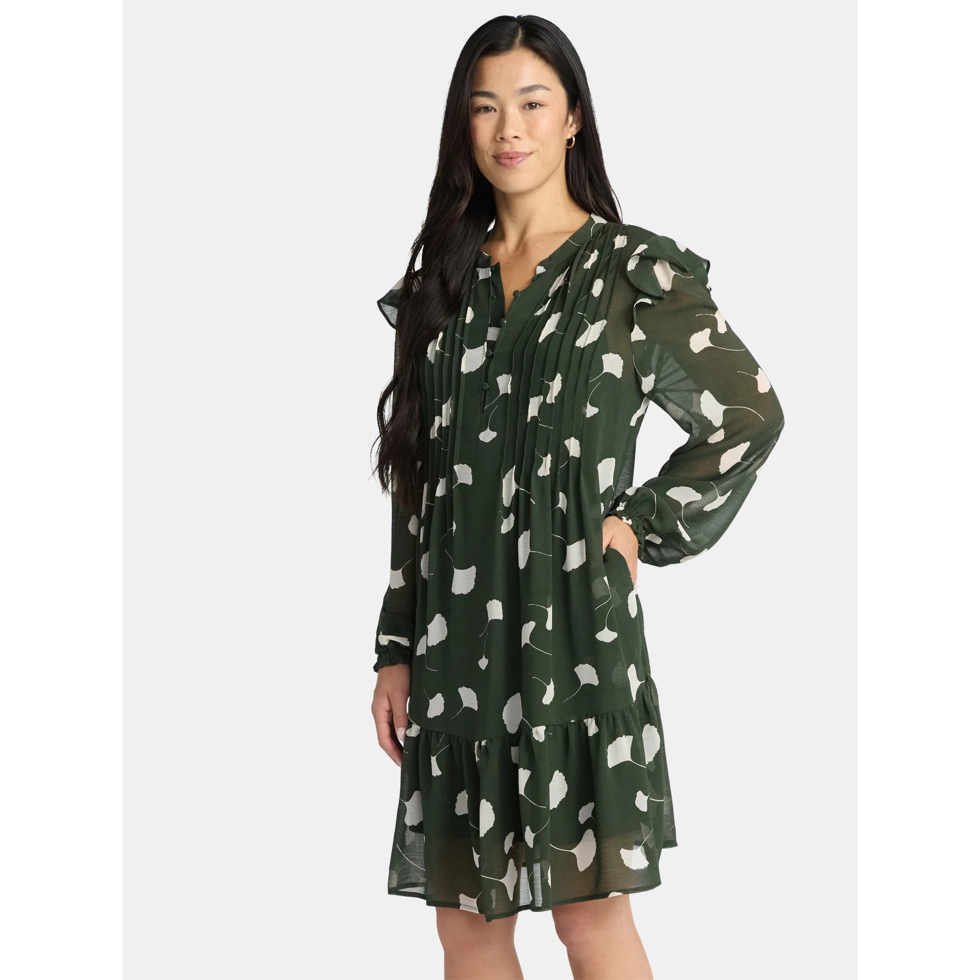 Time and Tru Women's Pintuck Mini Dress with Long Sleeves, Sizes XS-XXXL | Walmart (US)