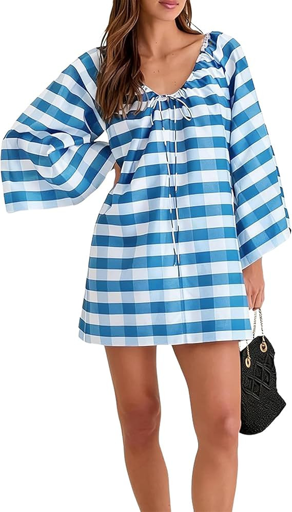 Women's Boho Dress Gingham Bell Sleeve Tie Neck Shift Dress Beach Cover Up Mini Dress | Amazon (US)