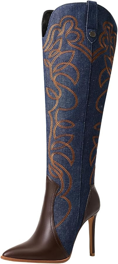 Women's Cowboy Boots Wide Calf Stiletto Knee High Fashion Pointed Toe Side Zipper High Heel Boots | Amazon (US)