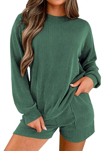 miduo Womens Matching Sets 2025 Winter 2 Piece Sets Solid Ribbed Textured Knit Long Sleeve Shirts Shorts Lounge Set Loungewear Dark Green S | Amazon (US)