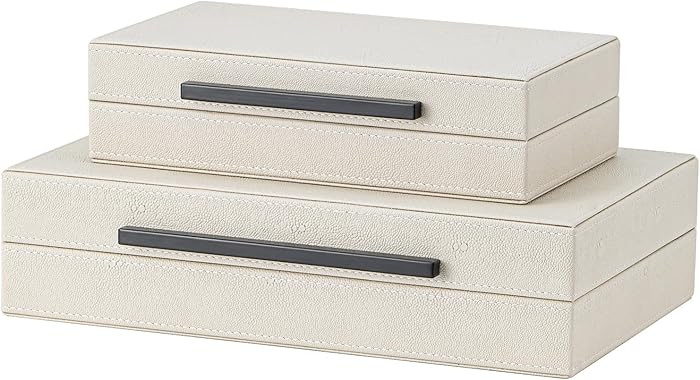 Set of 2 Beige Shagreen Decorative Storage Boxes with Black Metal Handles – Faux Leather Jewelr... | Amazon (US)