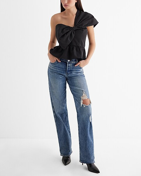One Shoulder Bow Front Peplum Top | Express