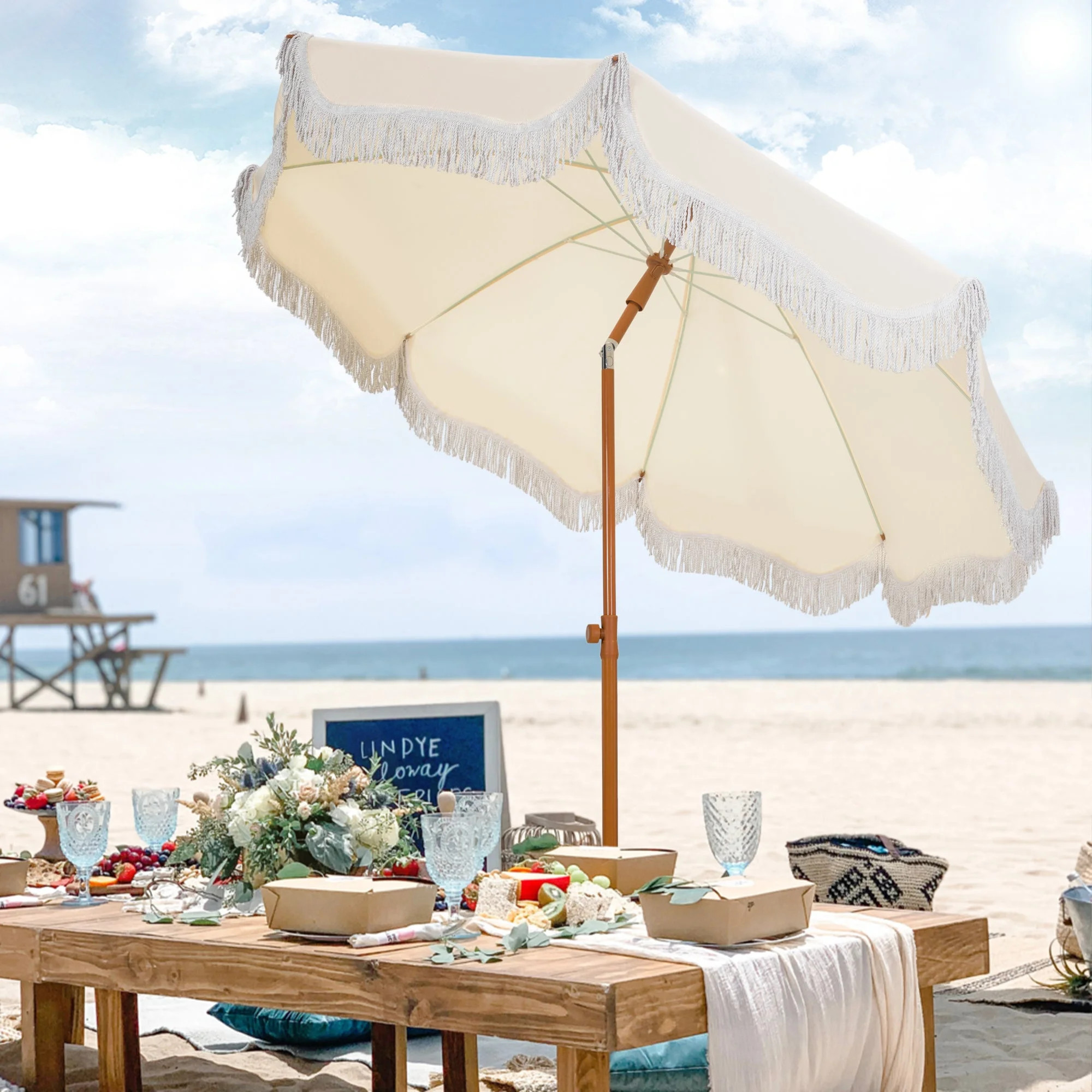 Sophia & William 7FT Outdoor Parasol Umbrella Fiberglass Ribs Umbrella with Tassel, Off-white | Walmart (US)