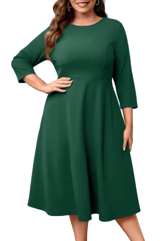 Runwind Women's Plus Size Midi Dress Classy High Waist Wedding Guest Dress Casual Crew Neck 3/4 S... | Amazon (US)