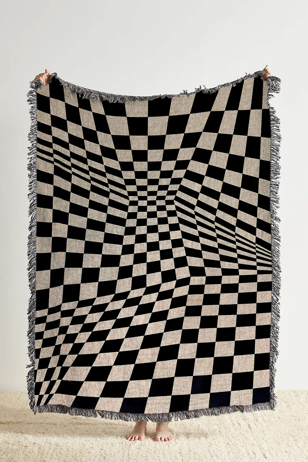 Checkered Wave Throw Blanket: Retro Psychedelic Woven Tapestry and Black Checkered Blanket for Gr... | Etsy (US)