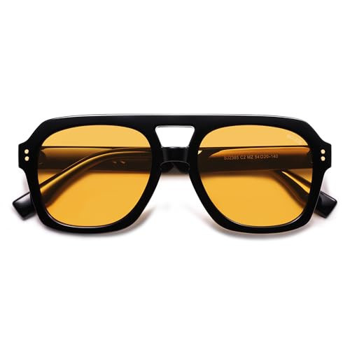 SOJOS Retro Thick Polarized Aviator Sunglasses for Women Men, Large Trendy Bold Square Pilot Shades SJ2385, Black/Yellow | Amazon (US)