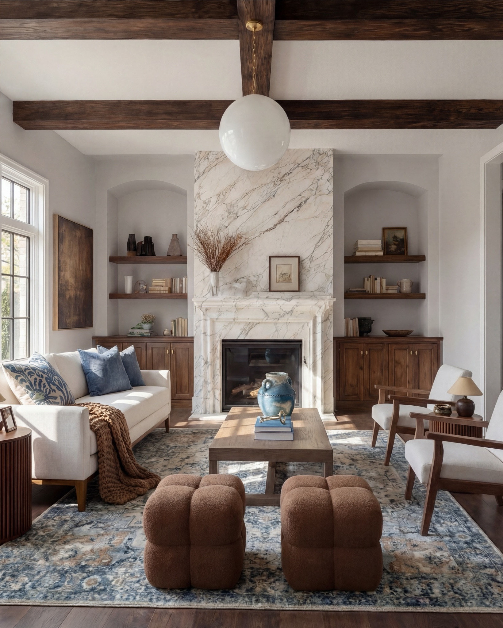 Shop the Look:
• Cream upholstered sofa (clean modern lines)
• Wood frame accent chairs with light neutral cushions
• Warm brown boucle cube ottomans
• Medium wood square coffee table
• Blue and beige vintage-style area rug
• Marble fireplace surround (white with soft veining)
• Dark wood ceiling beams
• Round wood fluted side tables
• Small ceramic table lamps (warm neutral base)
• Blue ceramic decorative vase
• Neutral textured throw blanket (warm brown)
• Blue linen accent pillows
• Floating wood wall shelves
• Wood storage cabinet with brass bird knobs
• Abstract neutral wall art (warm brown tones)
• White globe pendant light

#LTKhome #LTKsale #LTKstyletip